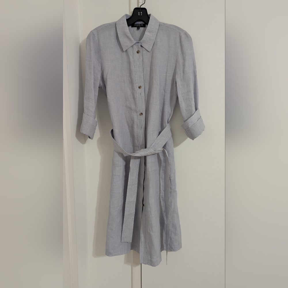 Lafayette 148 New York Light Gray Button-Up Dress with Belt